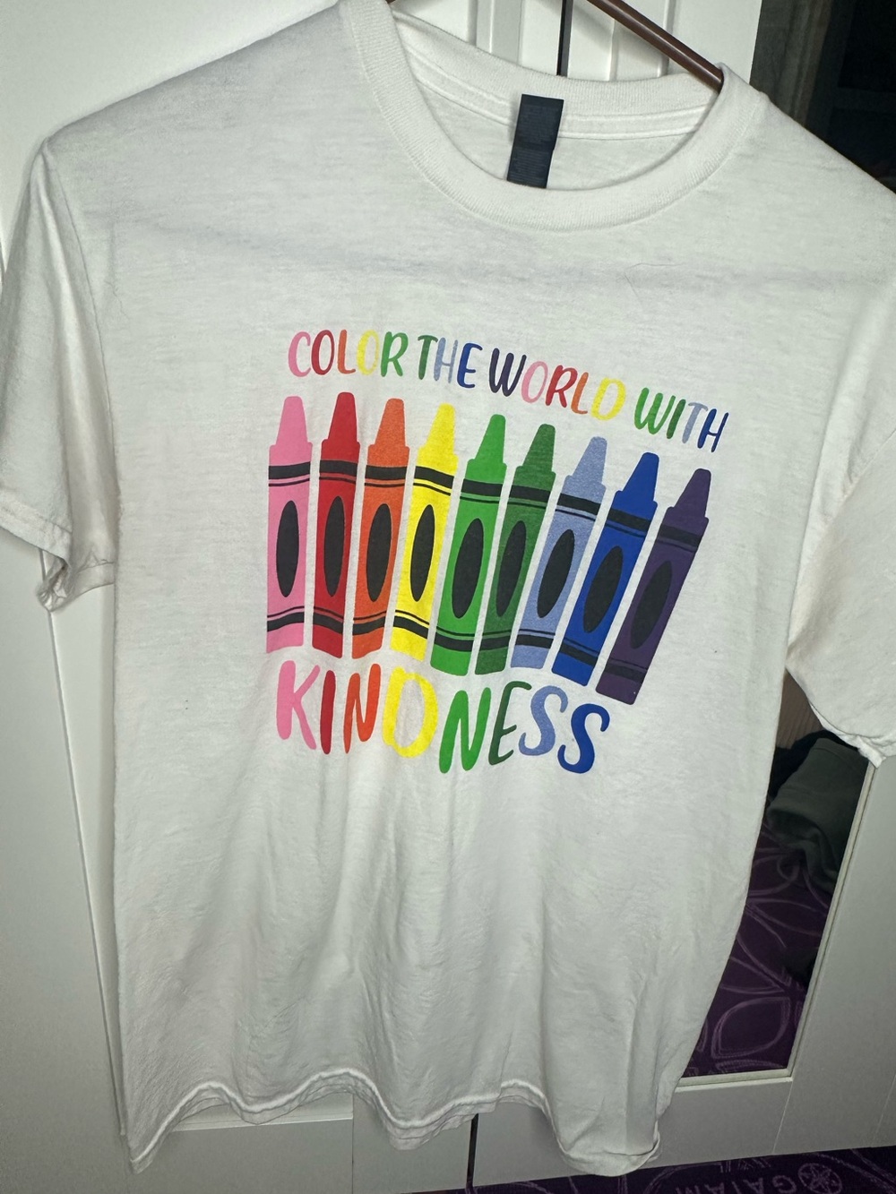 Gildan White Kids Tee with Rainbow Crayon Graphic - Kindness Slogan